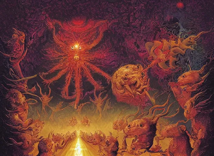 Image similar to psychedelic art of hamsters meeting god, in the style of michael whelan and james gurney and wayne barlowe