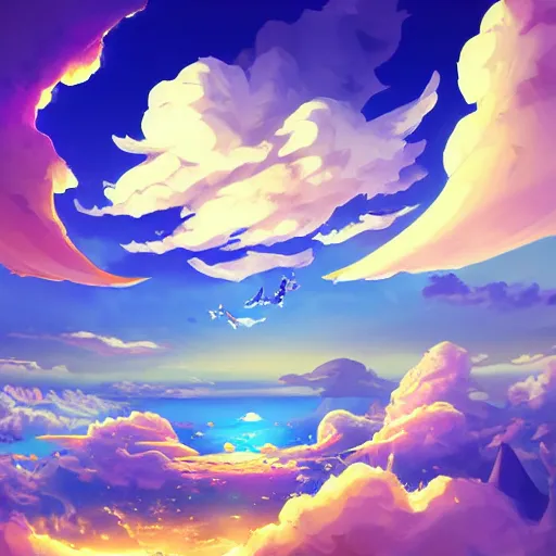 Prompt: photo cartoon illustration comics manga painting of ship in the clouds, fantasy land, blue skies and lots of clouds, fairy tales, bright colors and high picture, quality, by makoto shinkai, hdr, digital painting, unreal engine, 8 k, volumetric lighting, contra