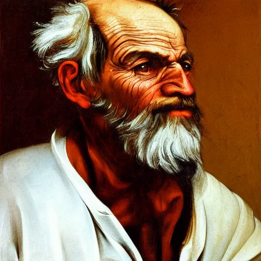 Image similar to detailing character concept portrait of old man by Caravaggio, on simple background, oil painting, middle close up composition