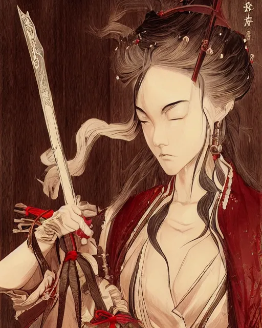 Prompt: lady snowblood movie character, baroque style, elegant, beautiful, mesmerizing, concept art, highly detailed, artstation, behance, deviantart, inspired by innocent manga, inspired by castlevania concept art, trending, ayami kojima, shinichi sakamoto