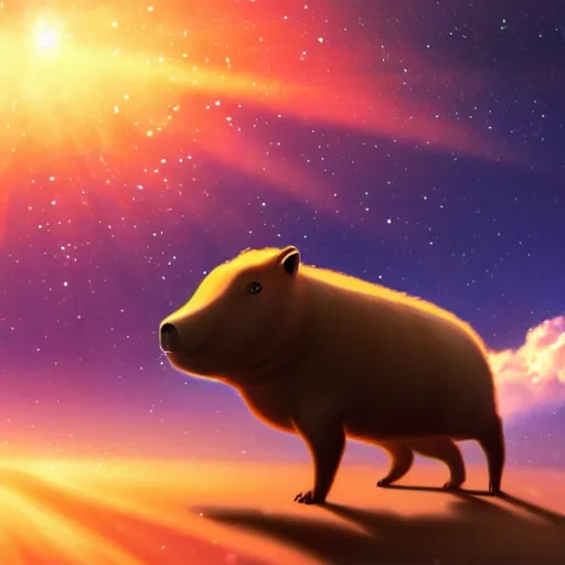 Image similar to capybara floating through a nebula, Makoto Shinkai style detailed with volumetric lighting