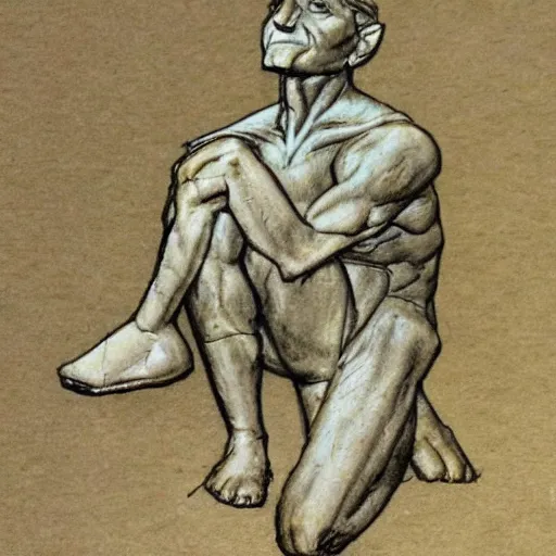 Prompt: scratch sketch of The thinker sculpture in the style of William Bartram with mushrooms at the base