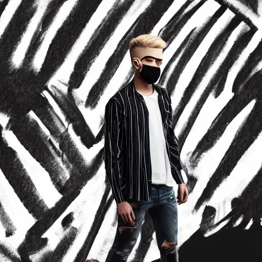 Prompt: professional pencil sketch of a young adult man with short blonde hair wearing a black face mask a striped long-sleeved shirt and ripped skinny jeans, high quality, HD, 8K, highly detailed, award-winning