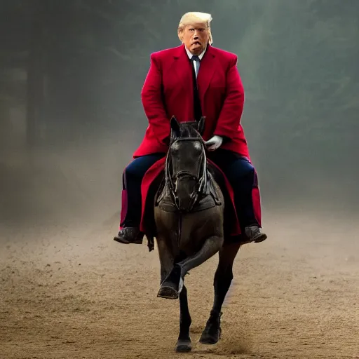 Image similar to fat version of donald trump riding a horse as geralt of rivia from the witcher movie, dramatic film still, details, sigma 7 5 mm, 4 k