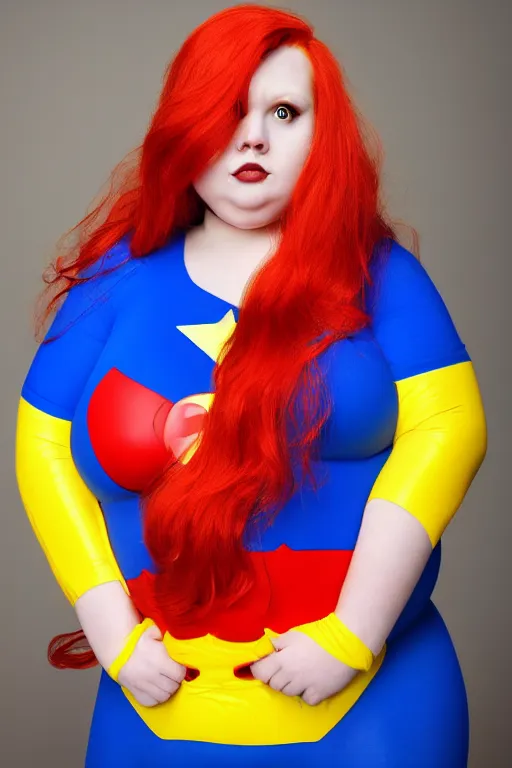 Prompt: a fat and sad superhero with red hair, wearing a blue and yellow costume, photograph, 4 k, high definition,