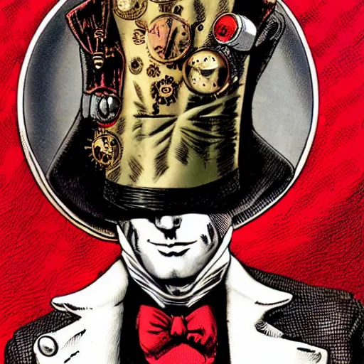 Image similar to portrait of a steampunk cyborg gentleman wearing a red top hat by Brian Bolland