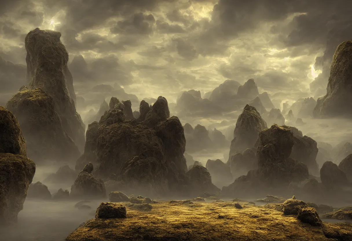 Prompt: Photorealistic epic misty landscape with magically floating rocks, with ominous storm clouds, bioluminescent runes, stones falling from the sky, a gentle rising mist. occult photorealism, UHD, amazing depth, glowing, golden ratio, 3D octane cycle unreal engine 5, volumetric lighting, cinematic lighting, in the style of Michael Whelan and Gustave Dore. Hyperdetailed photorealism, epic scale, misty, 108 megapixels, amazing depth, glowing rich colors, powerful imagery, psychedelic Overtones, concept art