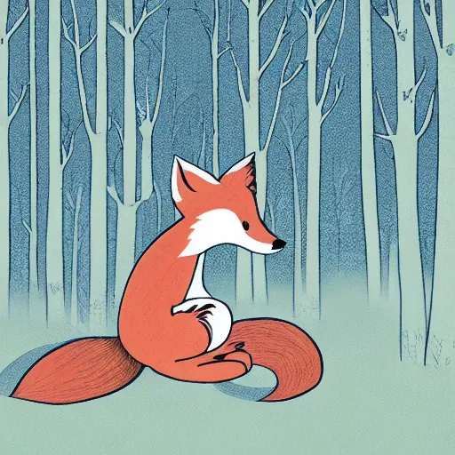 Prompt: childrens book illustration of a cute cartoon fox in the woods, style of moebius, james jean, mcbess, cinematic, highly detailed, award winning, 8 k photorealistic