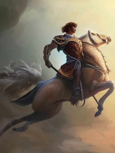 Image similar to a handsome man, riding a prancing a horse. intricate, elegant, highly detailed, digital painting, artstation, concept art, sharp focus, illustration, by justin gerard and artgerm, 8 k