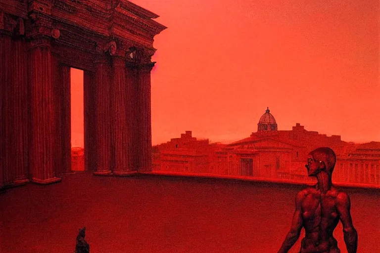 Image similar to only with red, caesar after war, a red tiger, in hoc signo vinces, rome in background, an ancient path, in the style of beksinski, part by hopper, part by rodcenko, part by hofbauer, intricate composition, red by caravaggio, insanely quality, highly detailed, masterpiece, red light, artstation