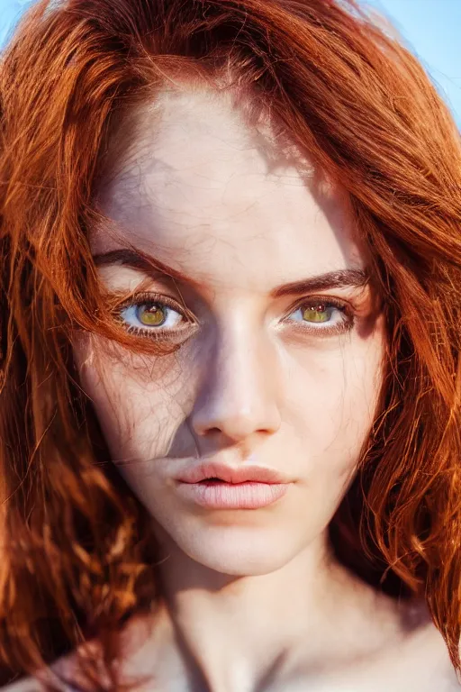 Image similar to olive skinned auburn hair female model in her twenties, wearing a designer top, looking content, focused on her neck, photo realistic, extreme detail skin, natural beauty, no filter, slr, golden hour, 4 k, high definition, selfie