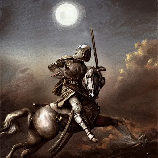 Image similar to a haunting Digital art of a tired spartan soldier riding a skeleton horse on the battlefield in the style of an oil painting, acrylic, bleak, moonlight, detailed, dark, ominous, threatening, haunting, forbidding, gloomy,stormy, doom, apocalyptic,sinister, shadowy, ghostly,unnerving, harrowing, dreadful ,frightful, shocking, terror, hideous, ghastly, terrifying