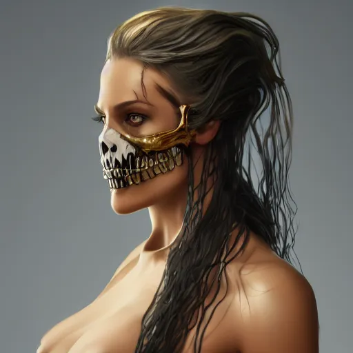 Image similar to epic portrait an woman with a skull face, wet flowing hair, shiny skin, illustration, unreal engine 5, 8 k, made by j. c. leyendecker