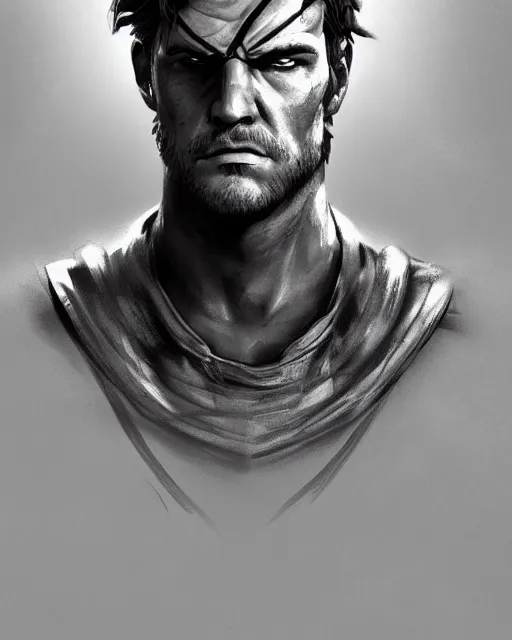 Image similar to solid snake bust portrait, cinematic lighting, backlit face, tired expression, close - up, black atmospheric background, 4 k ultra detailed digital photoshop painting, best of artstation hdr, official artwork hdr