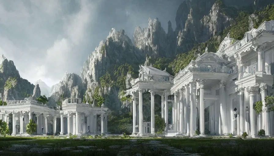 Prompt: Gorgeous white palace with big windows and columns built in the green giant mountains, hyperdetailed, artstation, cgsociety, 8k