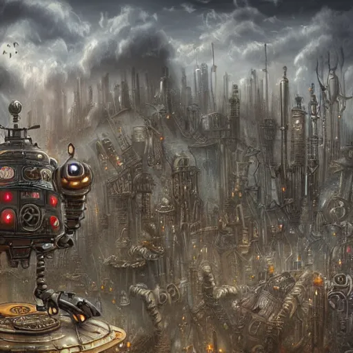 Image similar to robot city, steampunk art, fantasy style, super high detail, super high quality, talented artist, trending on artstation, machinarium