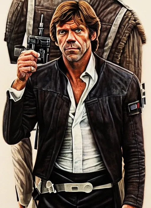 Image similar to upper body portrait of hugh laurie as han solo in star wars ( 1 9 7 7 ), wearing han solos clothes, wearing a black vest and a white shirt, hyperrealistic, very detailed painting by glenn fabry, by joao ruas, by artgerm