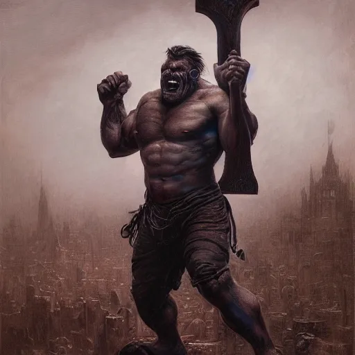 Image similar to artstation concept a midnight blue hulk holding an axe, dusty brown background, grotesque face, hyperdetailed, artstation trending, world renowned artists, worth 1 0 0 0. com, historic artworks society, antique renewel, cgsociety, by greg rutkowski, by gustave dore, deviantart