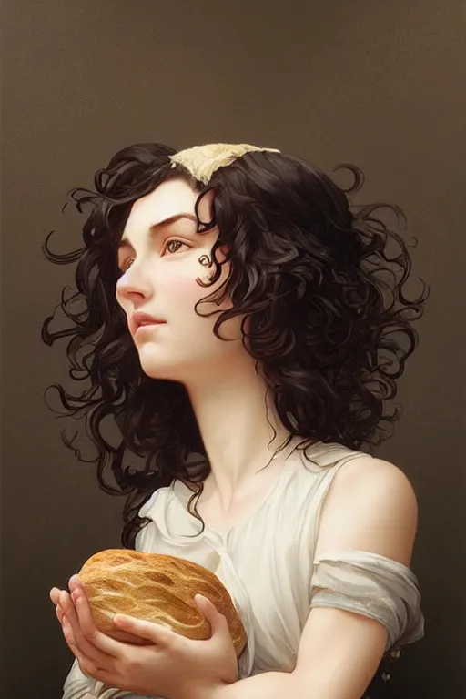 Image similar to beautiful goblincore of a girl with short black curly hair, round face, cute face, holding a loaf of bread. intricate, elegant. highly detailed, digital painting, artstation, concept art, smooth, sharp, focus, illustration. . art by artgerm and greg rutkowski and alphonse mucha