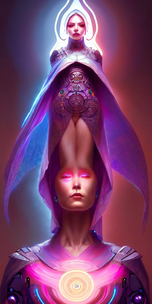 Image similar to ultra detailed female android deity, wearing a cloak, ethereal flowerpunk, scifi, fantasy, cyberpunk octane render, unreal engine, asymmetrical!!! intricate concept art, triadic color, art by artgerm and greg rutkowski and alphonse mucha, 8 k