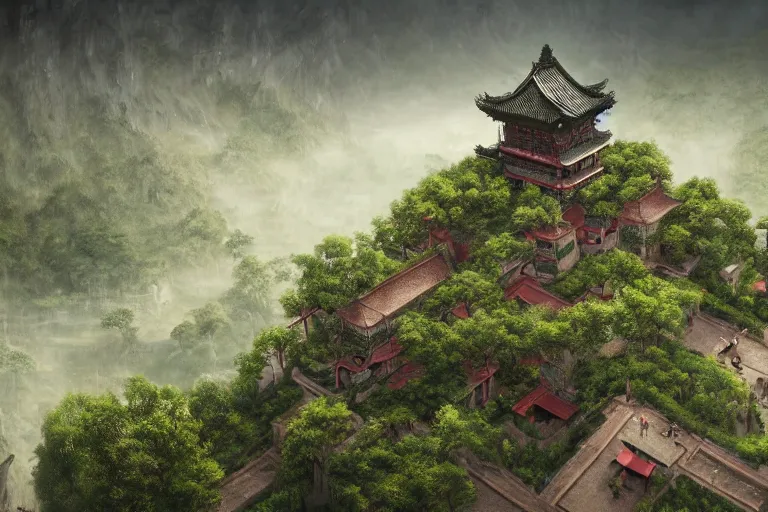 Prompt: a giant ancient chinese castle in forest with some ivy plants on the walls, by zhang zeduan, qiu ying, tang yin, cinematic, epic, dramatic lighting from above, dark, vines, fantasy, dust, unreal engine, octane, highly detailed, concept art, dark, super realistic