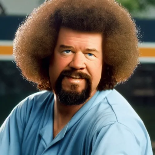 Image similar to a closeup photorealistic photograph of bob ross as kenny powers. baseball. film still. brightly lit scene. this 4 k hd image is trending on artstation, featured on behance, well - rendered, extra crisp, features intricate detail, epic composition and the style of unreal engine.