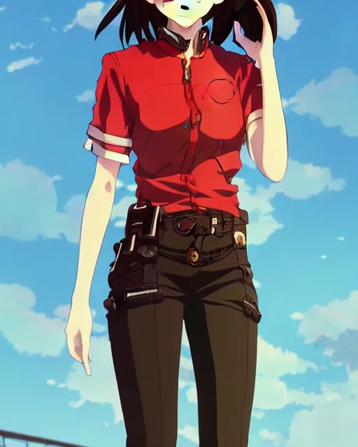 Image similar to makoto shinkai, artgerm, ilya kuvshinov, steampunk beautiful anime woman, red shirt brown pants, black and red hair hair, symmetrical face, symmetrical eyes, full round face, short smile, detailed, summer setting, cinematic lighting