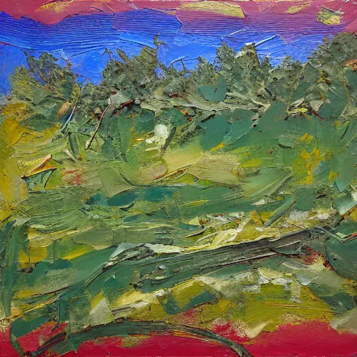 Image similar to oil paint impasto relief, the essence of summer, multi layered small disrupted thick brush marks, some splattered paint, in the style of ivan shishkin and frank auerbach and van gogh