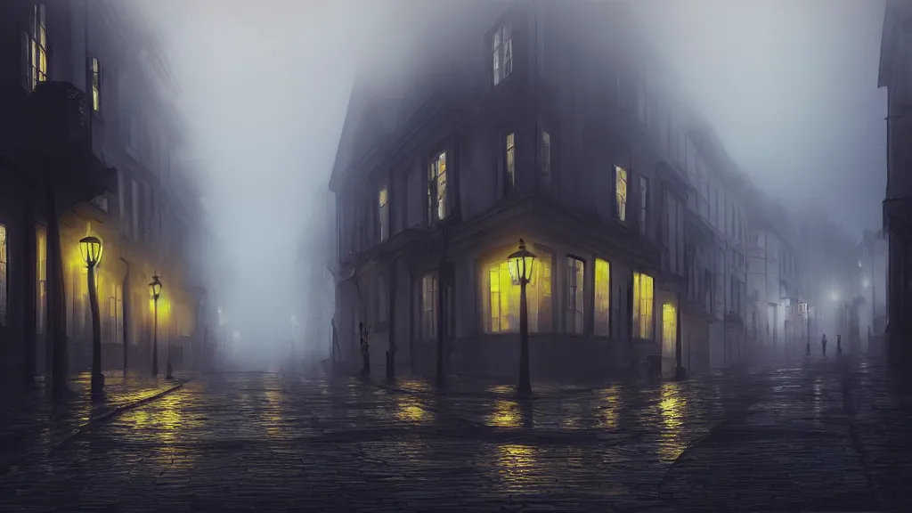 Image similar to the old town with houses in the windows of which the light is on. early morning, fog on ground, wet street. mike barr painting. volumetric light, dull colors, dark, noir arthouse, 3 5 mm, hight detalied, hd, 4 k