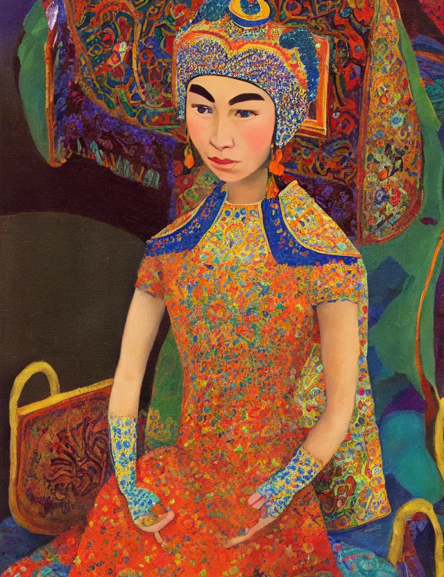 Prompt: central asian queen with cat ears, wearing a lovely dress. this oil painting by the beloved children's book author has impeccable lighting, an interesting color scheme and intricate details.