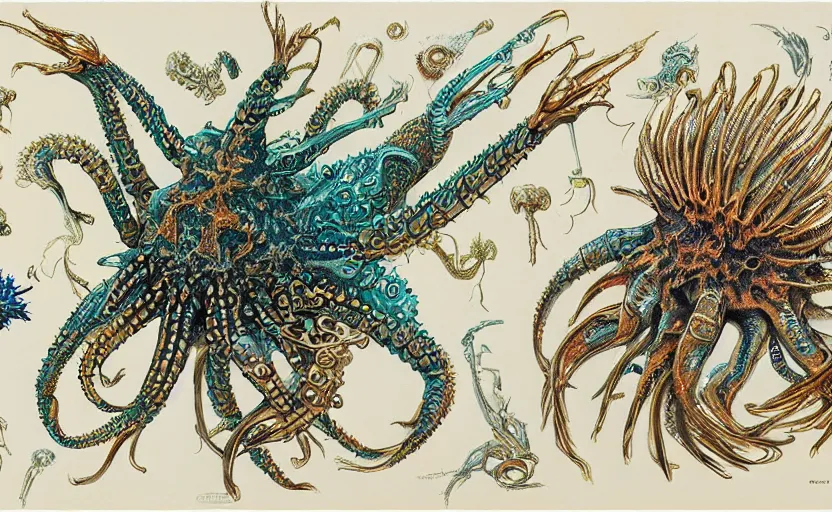 Image similar to sci - fi biomechanical, colored monster character design, fantasy. intricate jellyfish crab eagle lizard biomechanical. by ernst haeckel