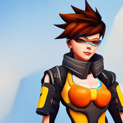 Image similar to digital painting of tracer overwatch wearing leather collar, standing in city area, 4 k, realistic,