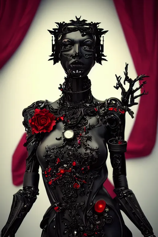 Image similar to full-body cyberpunk style sculpture of a young beautiful dark priestess, half android with a head opening exposing circuitry, glowing red eyes, black roses, flowing blood red colored silk, fabric, candles, baroque elements, human skull, full-length view, baroque element. intricate artwork by Caravaggio. crows flying in background. Trending on artstation, octane render, cinematic lighting from the right, hyper realism, octane render, 8k, depth of field, 3D