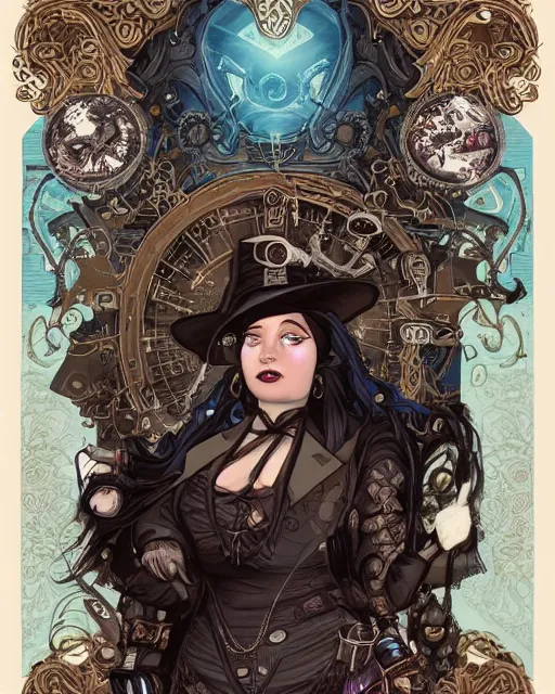 Image similar to a detailed portrait illustration of a steampunk witch - gunslinger. beautiful obese black female face. blue asian eyes. goth chinese aesthetic. art nouveau, pop art, comic book style. influenced by neil gaiman, h. p. lovecraft, dan mumford, android jones, tim burton, killian eng, ross tran, mao hamaguchi.