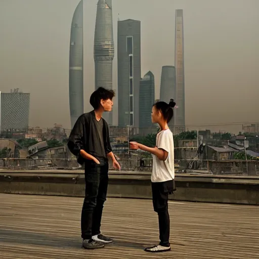 Prompt: a small rooftop with a couple of modern teenagers, standing and talking to each other, highly detailed, wearing black modern clothes, modern shanghai bund is on the background, dust, sunset, by gregory crewdson