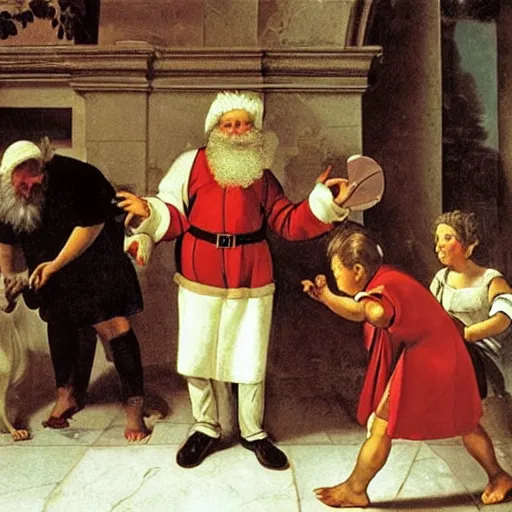 Image similar to Father Christmas throws confetti on a marble floor Painted by Caravaggio