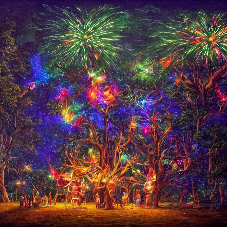 Prompt: closeup of a night carnival around a magical in a summer storm, tree cavity with a music scenario with many fireworks and christmas lights,, volumetric lightning, instense colored god rays in the sky, folklore people disguised with fantastic creatures in a magical forest by summer night, masterpiece painted by david goldblatt, scene by dark night environment, refraction lights,