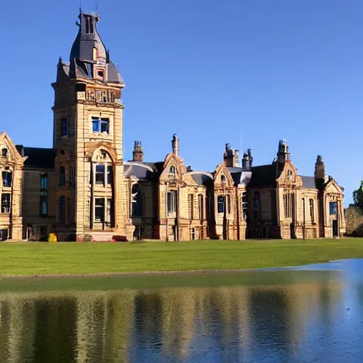 Image similar to photograph of a grand victorian college building in the countryside by a large lake. well lit and blue sky