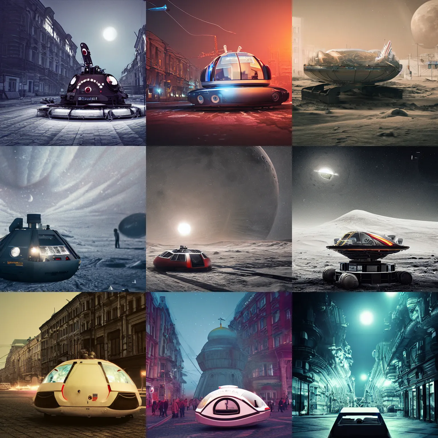 Prompt: photo hovercraft in russian city on the moon designed by ash thorp, busy street, shot on film with flash, detailed, trending on artstation, 8 k hdr