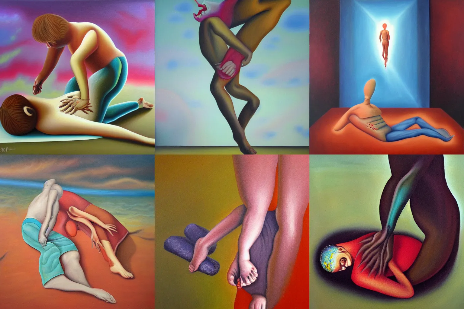 Prompt: Soul leaving body after stubbing toe, throbbing, hurt, ouch, ouch!, oil painting, surrealism