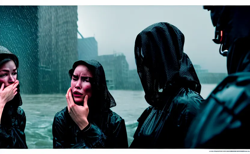 Image similar to cinestill 5 0 d candid photographic portrait by steve mccurry of two loving female androids sobbing wearing rugged black mesh techwear in treacherous waters, flooded city, long shot, retrofuturism cyberpunk moody emotional cinematic, pouring iridescent rain bright spotlight helicopter, 8 k, hd, high resolution, 3 5 mm, f / 3 2, ultra realistic faces, ex machina