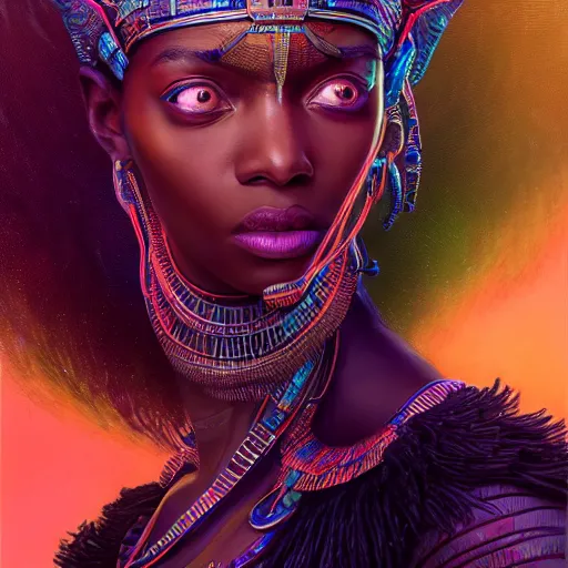 Image similar to highly detailed portrait of an african neon egyptian goddess, intricate alien technology, stephen bliss, unreal engine, fantasy art by greg rutkowski, loish, rhads, ferdinand knab, makoto shinkai and lois van baarle, ilya kuvshinov, rossdraws, tom bagshaw, global illumination, radiant light, detailed and intricate environment