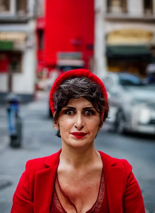 Prompt: close up portrait of beautiful 35-years-old Italian woman, wearing a red outfit, well-groomed model, candid street portrait in the style of Martin Schoeller award winning, Sony a7R