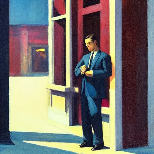 Prompt: a man in a suit who is crying, in the style of Edward hopper, 4k,