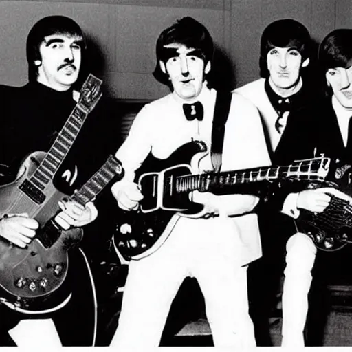 Prompt: Mario Bros playing the guitar with the Beatles Band