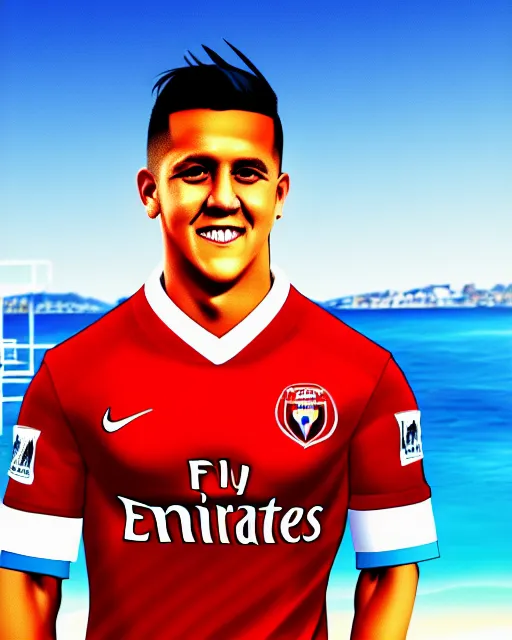 Prompt: portrait Anime Alexis Sanchez; white football shirt, Marseille beach in background || cute-fine-face, pretty face, realistic shaded Perfect face, fine details. Anime. realistic shaded lighting