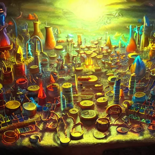 Image similar to these monsters are consumed by fire, yet they remain unharmed. they are surrounded by the tools of the alchemist's trade - beakers and test tubes full of colorful liquids, crystals, and books of ancient knowledge. the scene is suffused with an eerie glow, as if something magical is happening here. dramatic lighting epic glows eerily beautiful photograph