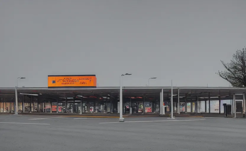 Prompt: exterior of the port byron travel plaza bus station in upstate buffalo new york, moody scene directed by charlie kaufman ( 2 0 0 1 ), anamorphic lenses, kodak color film stock, foggy volumetric light morning, cinematic trending on artstation