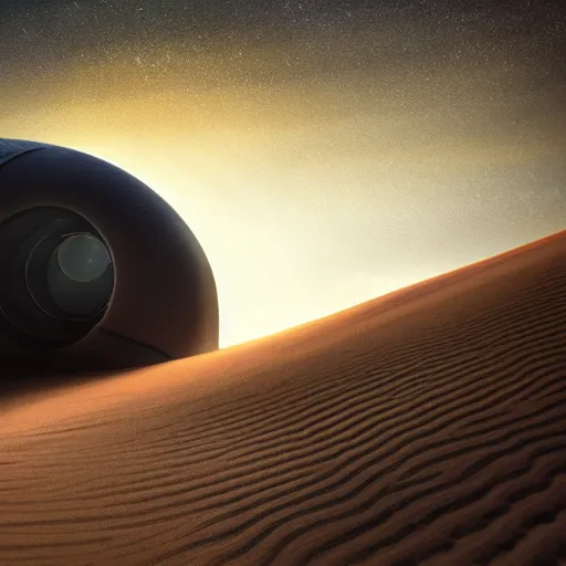 Image similar to spaceship of dune, epic, hyperrealistic photograph of the edge of time, dim volumetric lighting, 8 k, octane beautifully detailed render, extremely hyper detailed, intricate, epic composition, cinematic lighting, masterpiece, trending on artstation, very very detailed, stunning, hdr, smooth, sharp focus, high resolution, award, winning photo, dslr, 5 0 mm