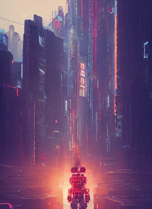 Image similar to a painting of a giant robot standing in front of a city, cyberpunk art by mike winkelmann, behance contest winner, nuclear art, dystopian art, apocalypse art, sci - fi